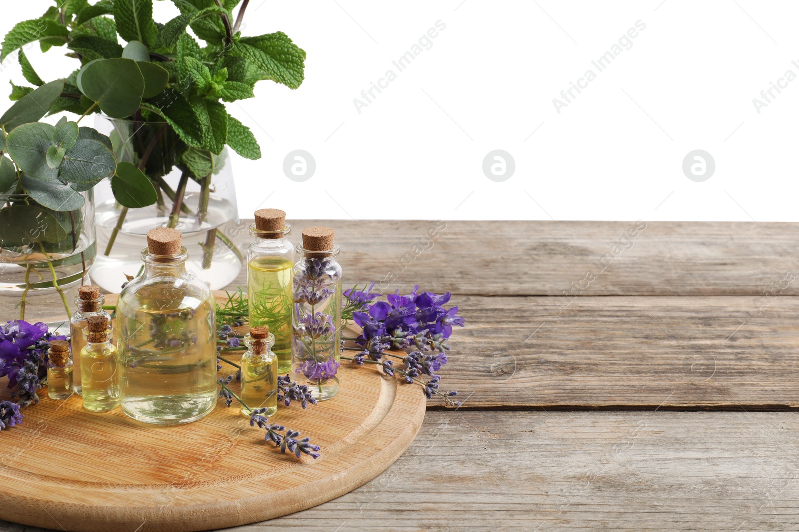 Photo of Bottles of essential oils and different plants on wooden table against white background