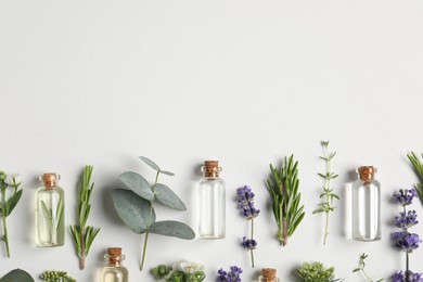 Photo of Essential oils and different plants on white background, flat lay. Space for text