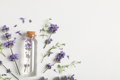 Photo of Essential oil and plants on white background, flat lay. Space for text