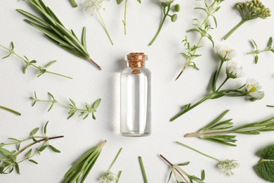 Photo of Essential oil and different plants on white background, flat lay