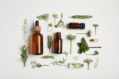 Photo of Essential oils and different plants on white background, flat lay