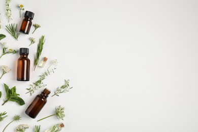 Photo of Essential oils and different plants on white background, flat lay. Space for text