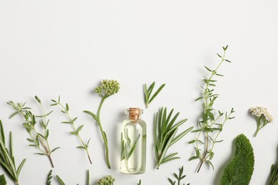 Photo of Essential oil and different plants on white background, flat lay. Space for text