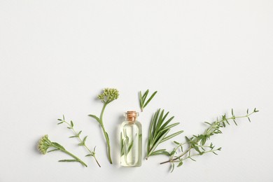 Photo of Essential oil and different plants on white background, flat lay. Space for text
