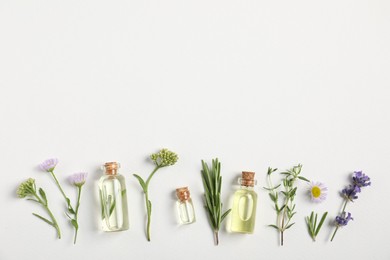 Photo of Essential oils and different plants on white background, flat lay. Space for text