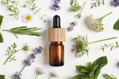 Photo of Essential oil and different plants on white background, flat lay