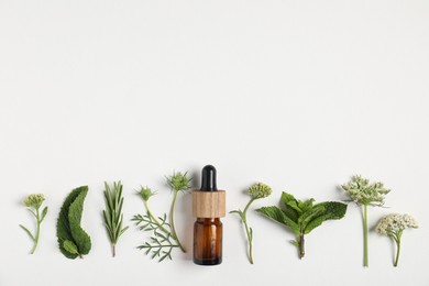 Photo of Essential oil and different plants on white background, flat lay. Space for text