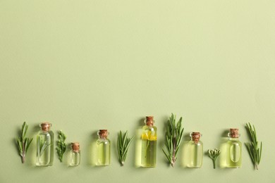 Photo of Essential oils and different plants on green background, flat lay. Space for text