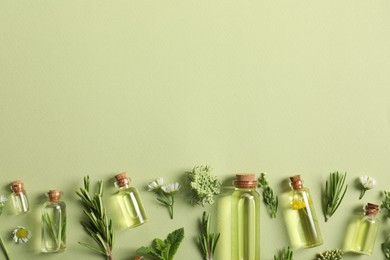 Photo of Essential oils and different plants on green background, flat lay. Space for text