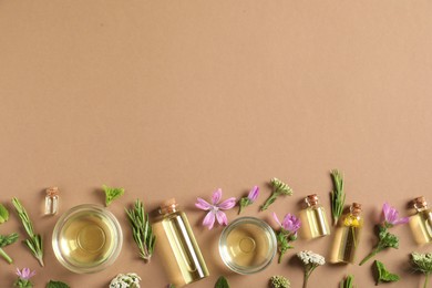 Photo of Essential oils and different plants on brown background, flat lay. Space for text