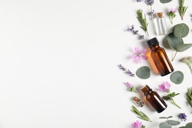 Photo of Essential oils and different plants on white background, flat lay. Space for text