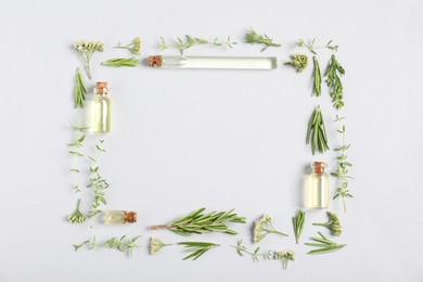 Photo of Frame of essential oils and different plants on white background, flat lay. Space for text