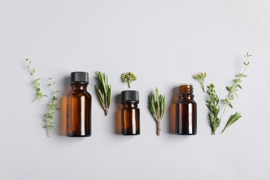 Photo of Essential oils and different plants on white background, flat lay