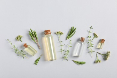 Photo of Essential oils and different plants on white background, flat lay