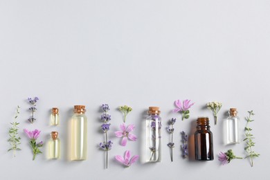 Photo of Essential oils and different plants on white background, flat lay. Space for text