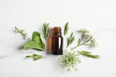 Photo of Essential oil and different plants on white background, flat lay