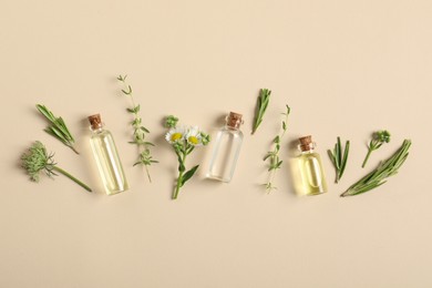 Photo of Essential oils and different plants on beige background, flat lay