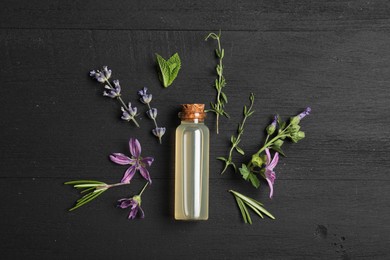 Photo of Essential oil and different plants on black wooden background, flat lay