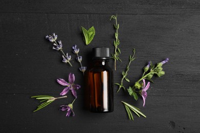 Photo of Essential oil and different plants on black wooden background, flat lay
