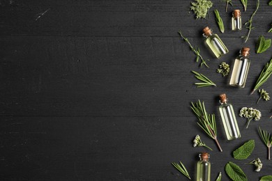 Photo of Essential oils and different plants on black wooden background, flat lay. Space for text