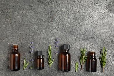Photo of Essential oils and different plants on grey background, flat lay