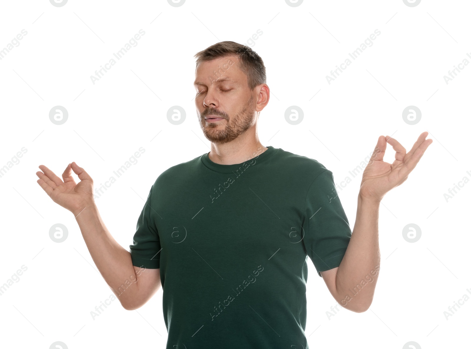Panic attack. Man meditating to calm down on white background Photo of Panic attack. Man meditating to calm down on white background