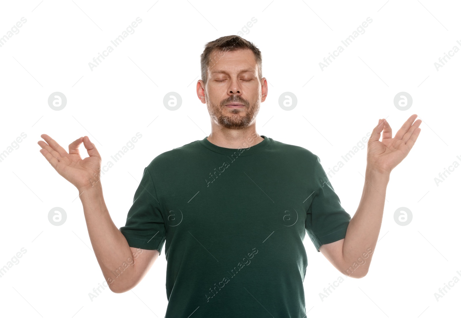Panic attack. Man meditating to calm down on white background Photo of Panic attack. Man meditating to calm down on white background