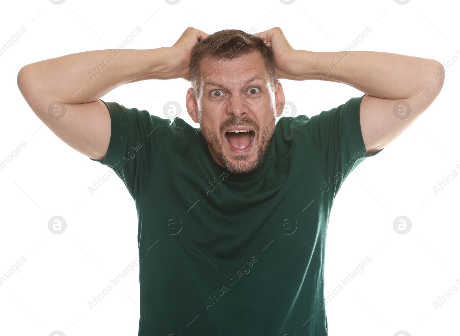Man suffering from panic attack on white background Photo of Man suffering from panic attack on white background