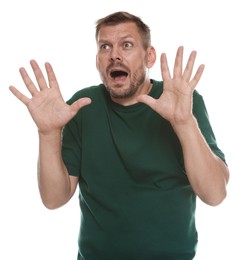 Photo of Man suffering from panic attack on white background