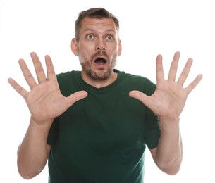 Photo of Man suffering from panic attack on white background