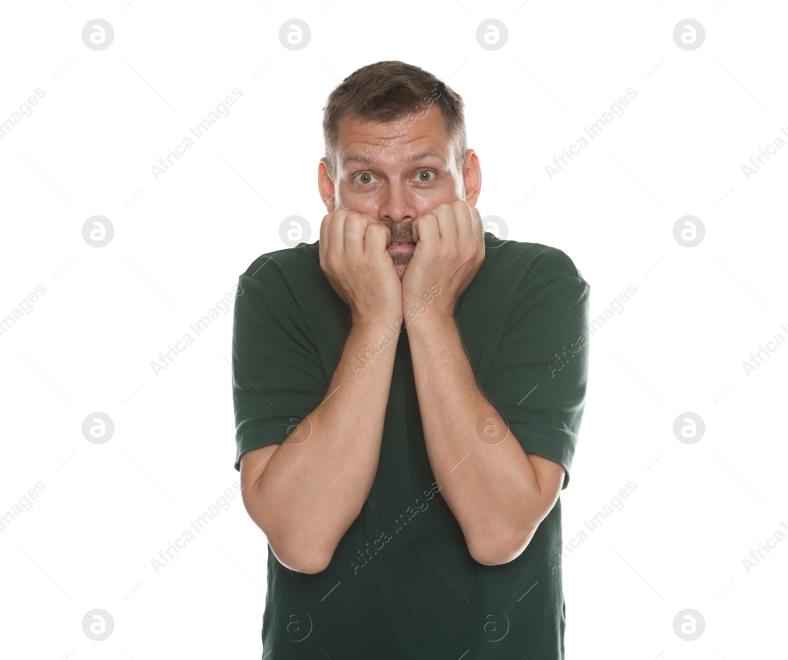 Man suffering from panic attack on white background Photo of Man suffering from panic attack on white background