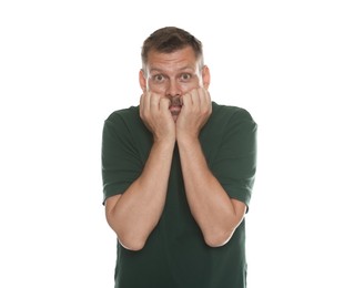 Photo of Man suffering from panic attack on white background