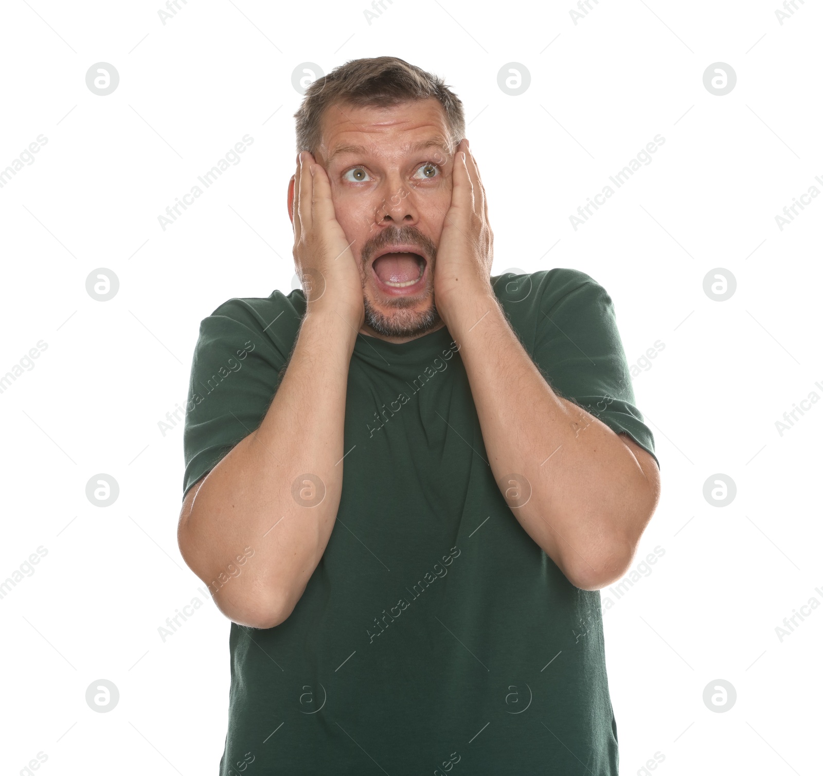 Man suffering from panic attack on white background Photo of Man suffering from panic attack on white background