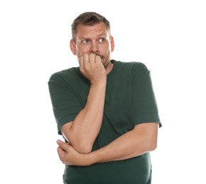 Photo of Man suffering from panic attack on white background