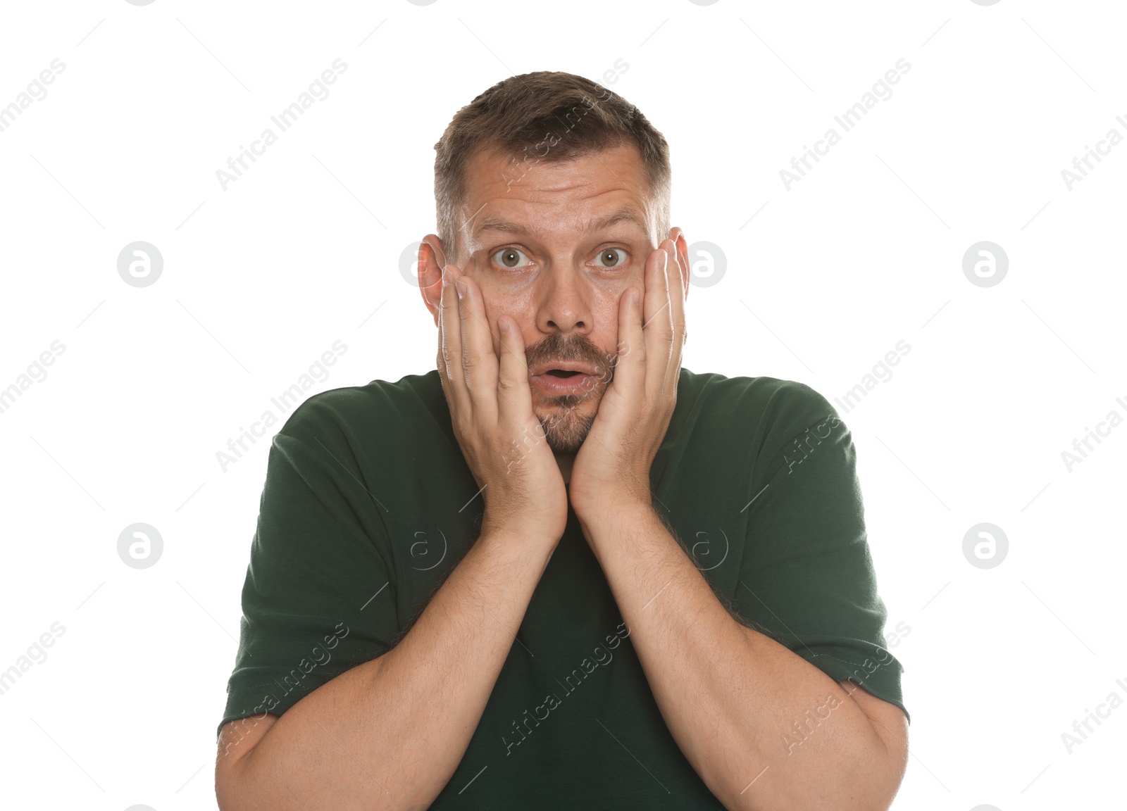 Man suffering from panic attack on white background Photo of Man suffering from panic attack on white background
