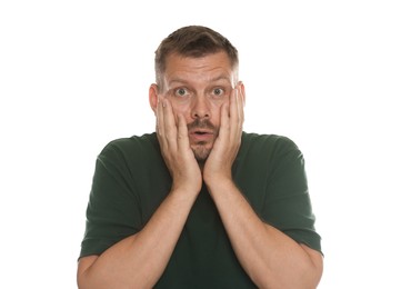 Photo of Man suffering from panic attack on white background