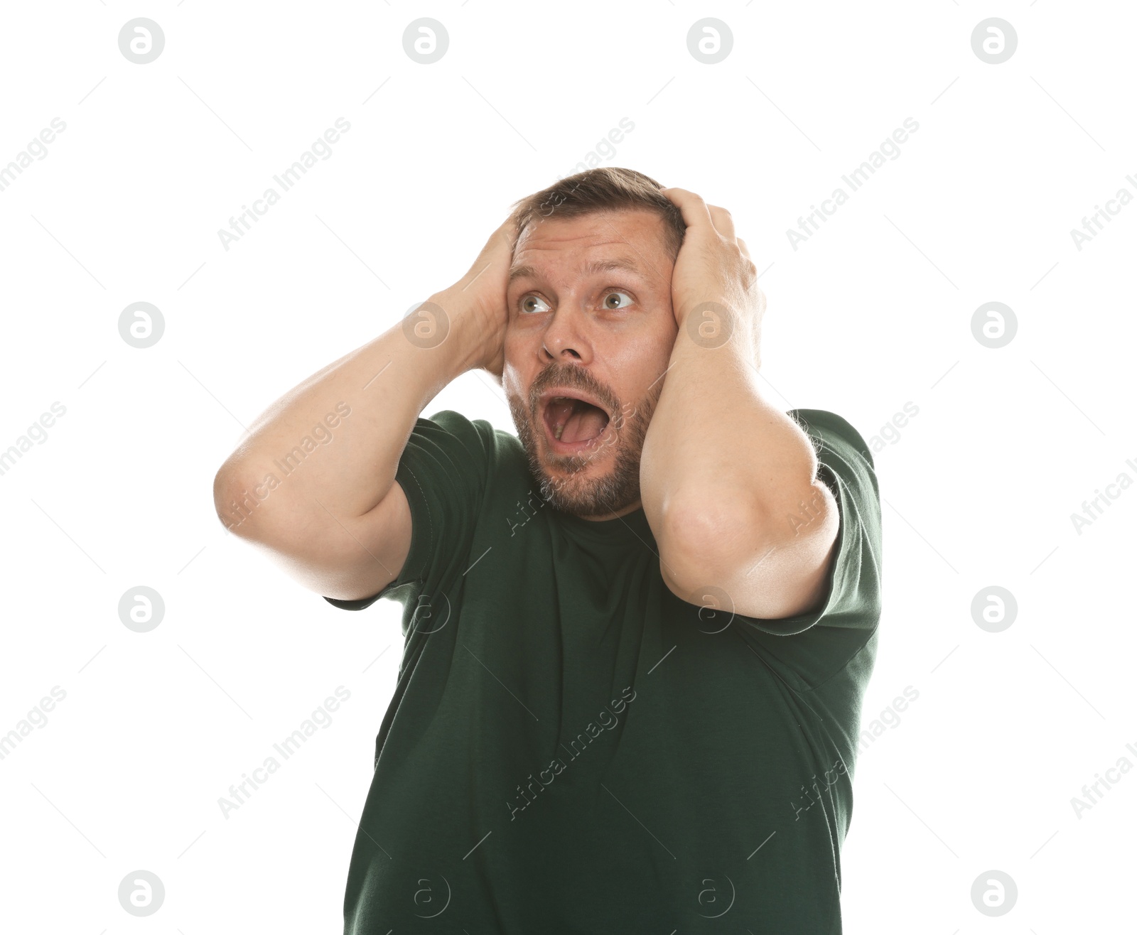 Man suffering from panic attack on white background Photo of Man suffering from panic attack on white background