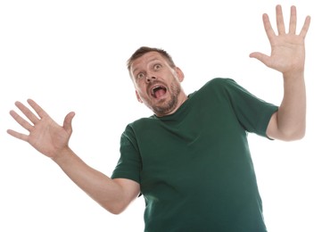 Photo of Man suffering from panic attack on white background