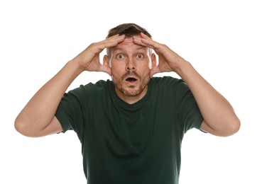 Photo of Man suffering from panic attack on white background