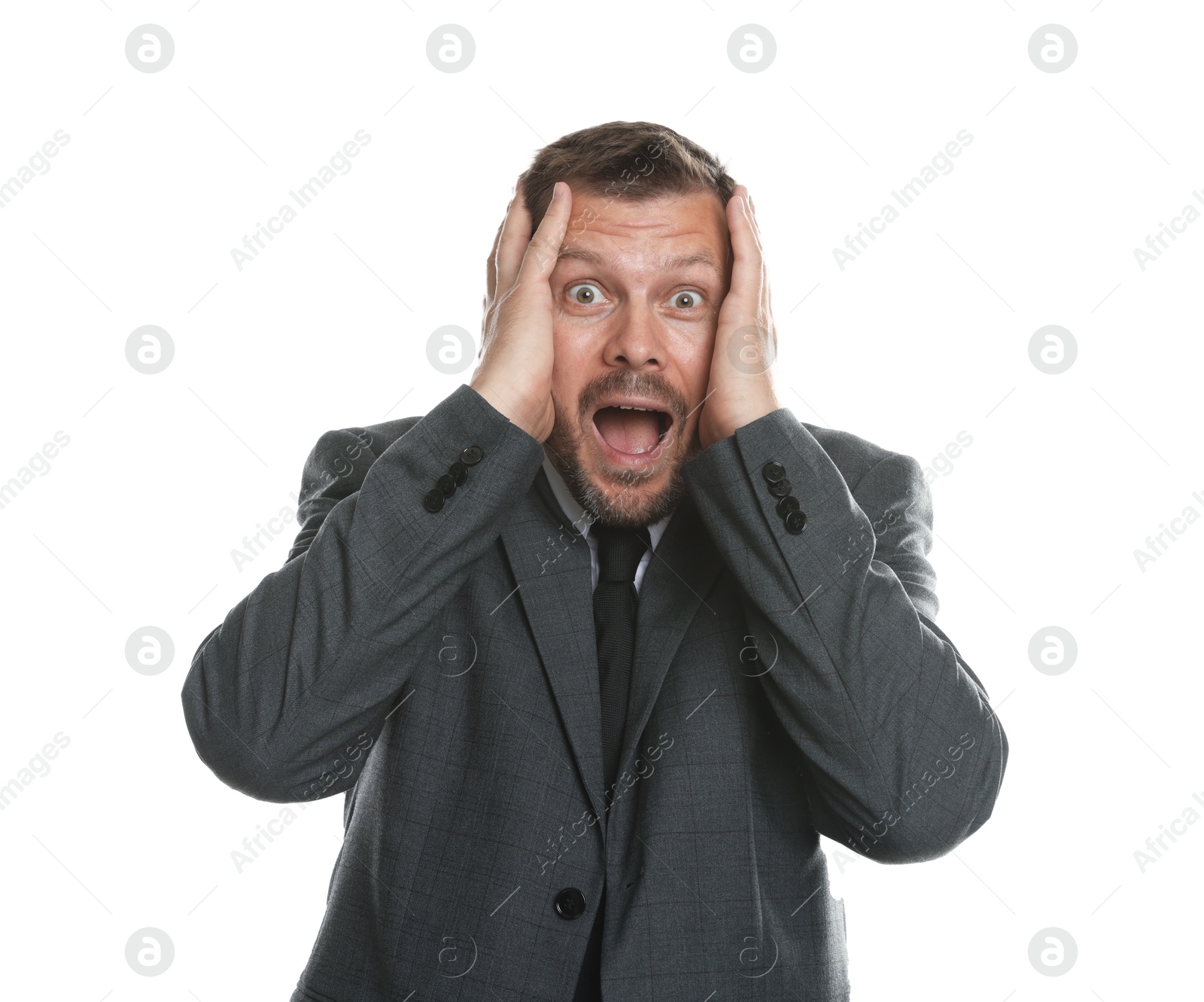 Photo of Businessman suffering from panic attack on white background