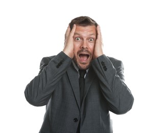 Photo of Businessman suffering from panic attack on white background