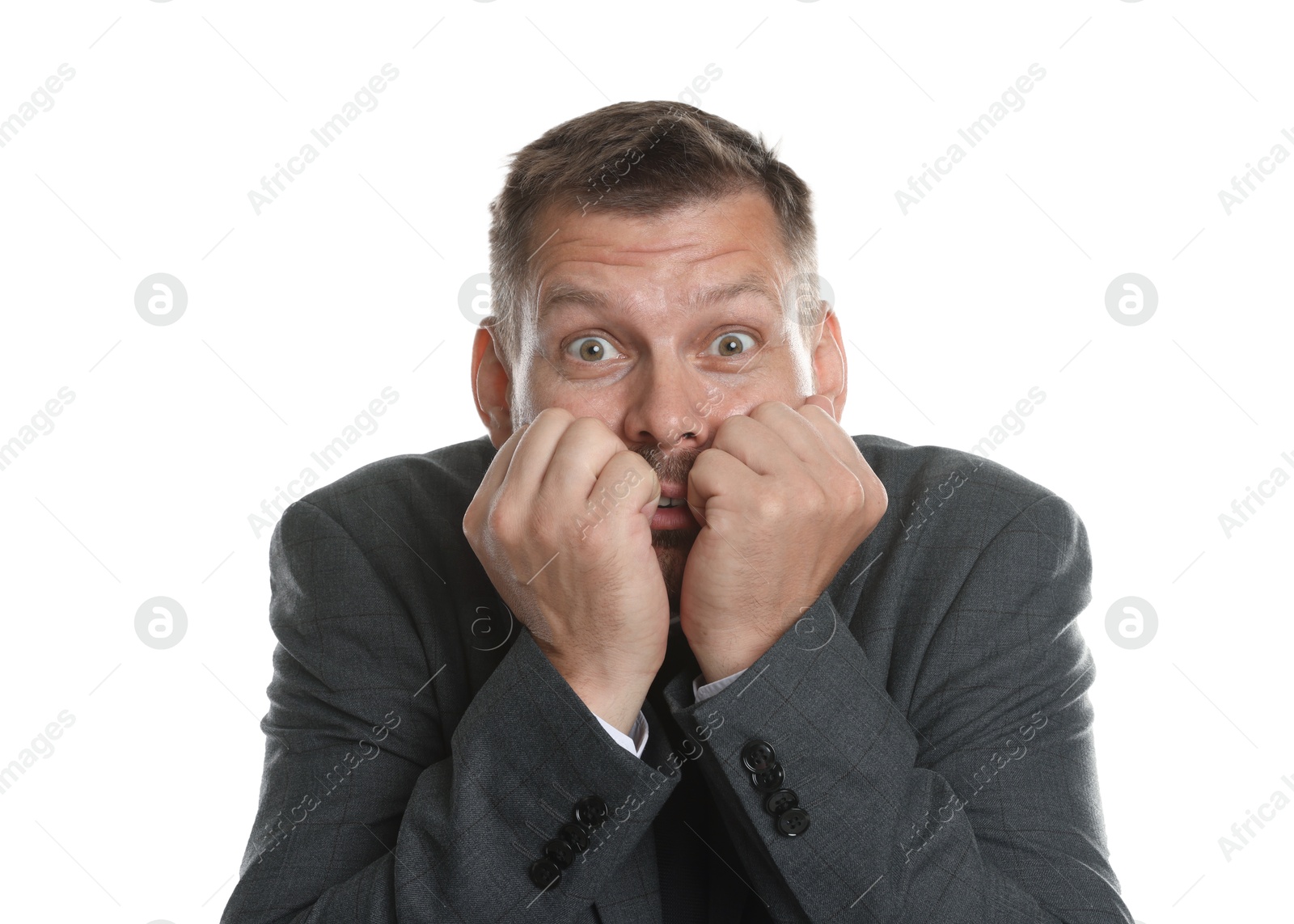 Photo of Businessman suffering from panic attack on white background