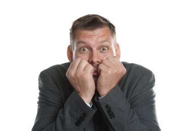 Photo of Businessman suffering from panic attack on white background