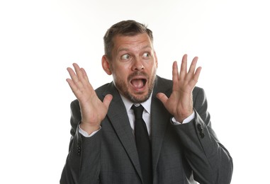 Photo of Businessman suffering from panic attack on white background