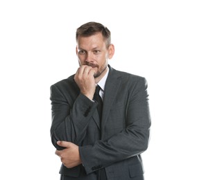 Photo of Businessman suffering from panic attack on white background