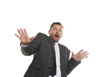 Photo of Businessman suffering from panic attack on white background