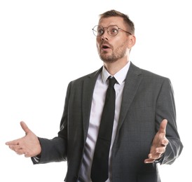 Photo of Businessman suffering from panic attack on white background