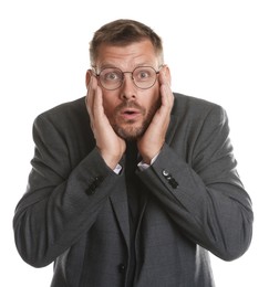 Photo of Businessman suffering from panic attack on white background