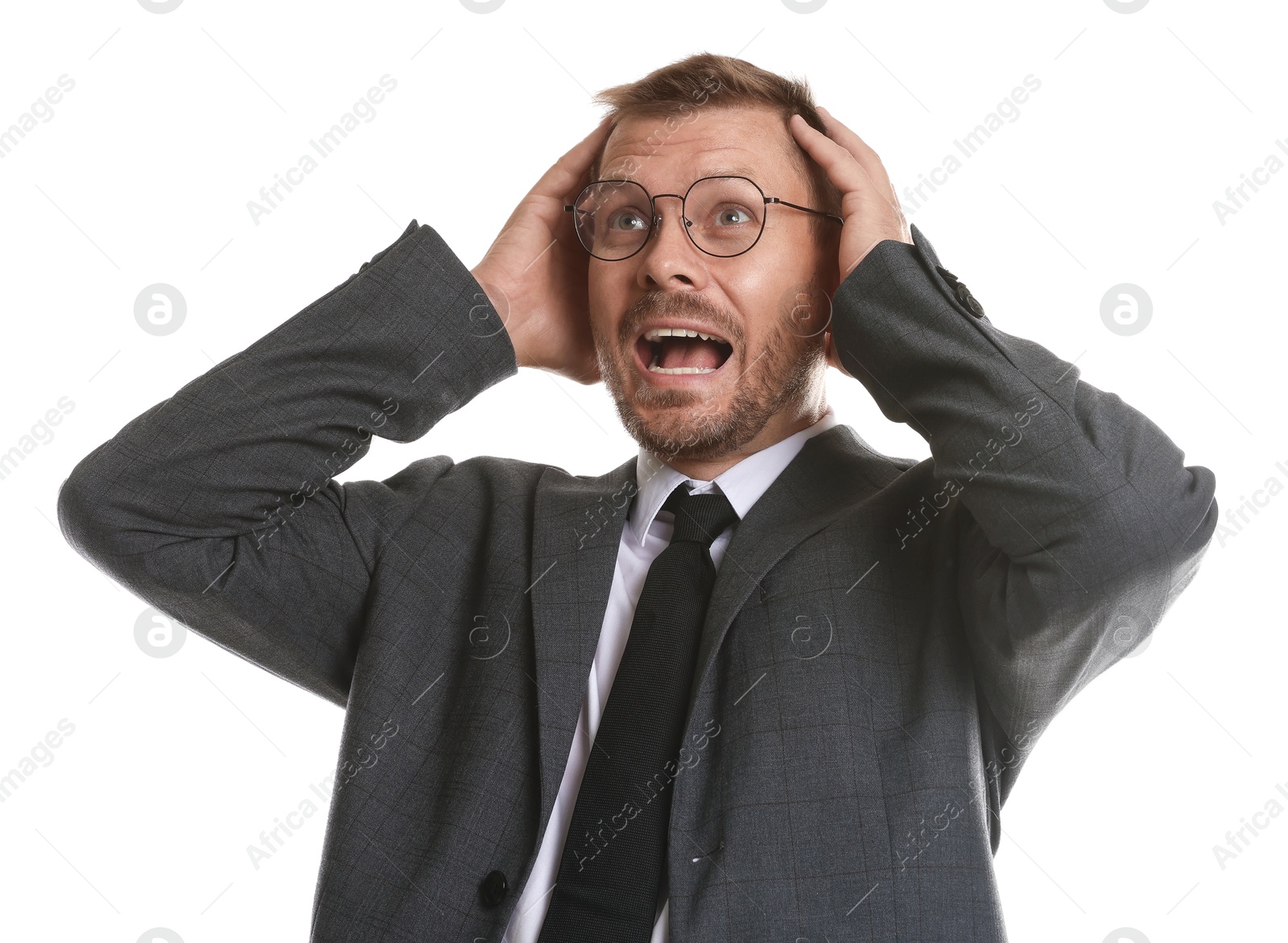 Photo of Businessman suffering from panic attack on white background
