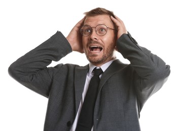 Photo of Businessman suffering from panic attack on white background